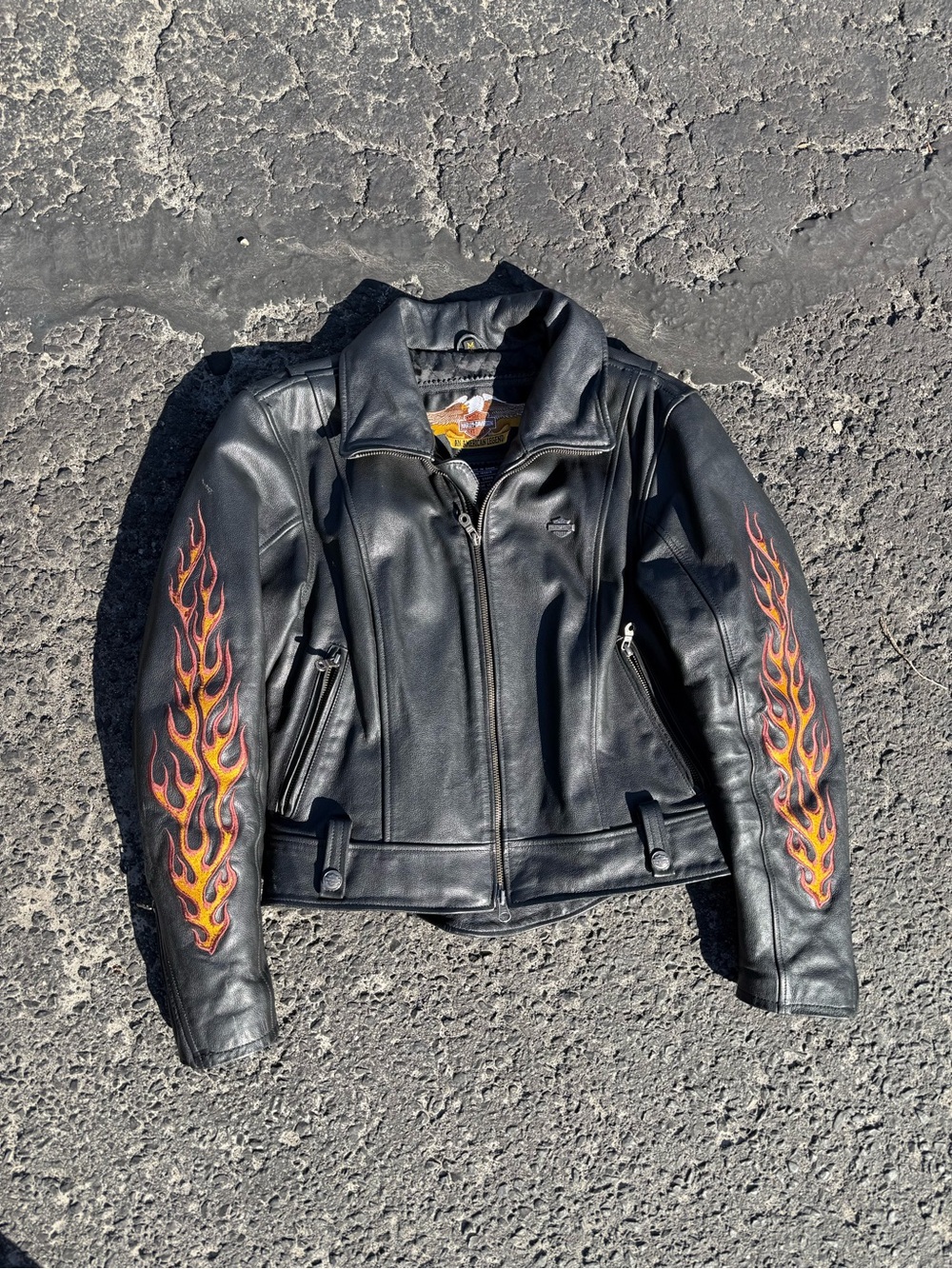 Harley Davidson Women’s Black Leather Jacket with Flame Sleeves
